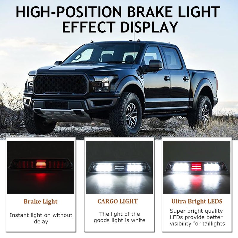 ILONPA High Mount Stop Lights Third 3rd Brake Lights Replacement for Ford F150 F-150 09-14 2009 2010 2011 2012 2013 2014 Clear LED Rear Cab Roof Center Mount Brake Stop Tail Cargo Light Lamp(Chrome+Clear) - Image 3